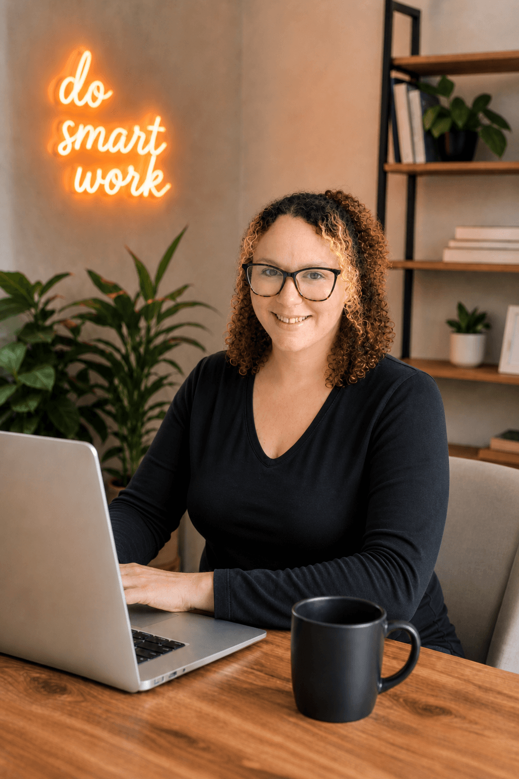 Danielle at her desk with a do smart work neon sign